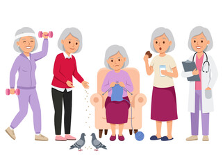 Fototapeta premium Active Senior Women Lifestyle Activities Vector Character Set