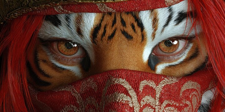 Close up of a tigers face with striking eyes and ornate red fabric covering