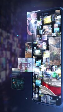 Smartphone displaying various digital media content flowing from a global network