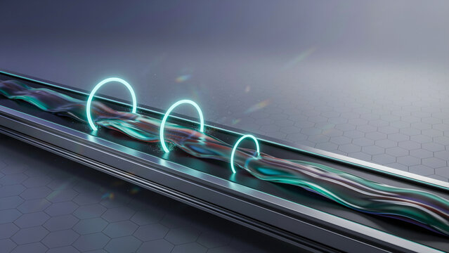 Futuristic CI/CD Pipeline with Glowing Liquid Mesh Gradient on 3D Conveyor Belt