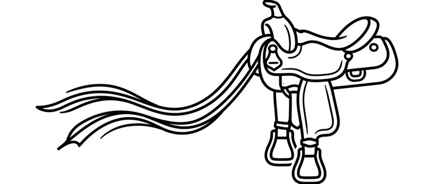 Western saddle with tassels, isolated line art