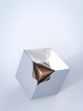 Metal cube with wooden boards inside, 3D Rendering