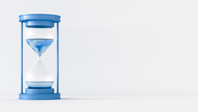 3D Rendering, sand clock with world texture, water drops, copy space