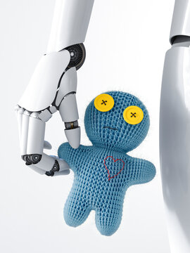 Robot holding doll, 3d rendering