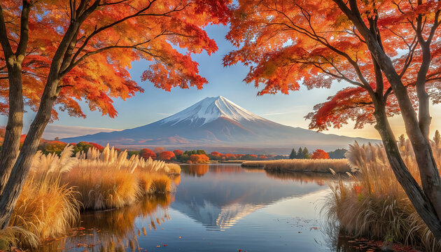 Mount Fuji Reflection with Autumn Maple Leaves Generative AI