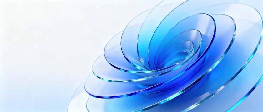 Abstract 3d composition of spiral overlapping translucent blue glass sheets shaped like blooming flower on light clean background for modern elegant tech design
