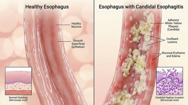 Healthy Esophagus Versus Candidal Esophagitis White Plaques and Fungal Hyphae