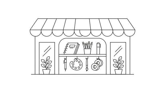 Illustration of a small art and school supplies shop with transparent background featuring various items