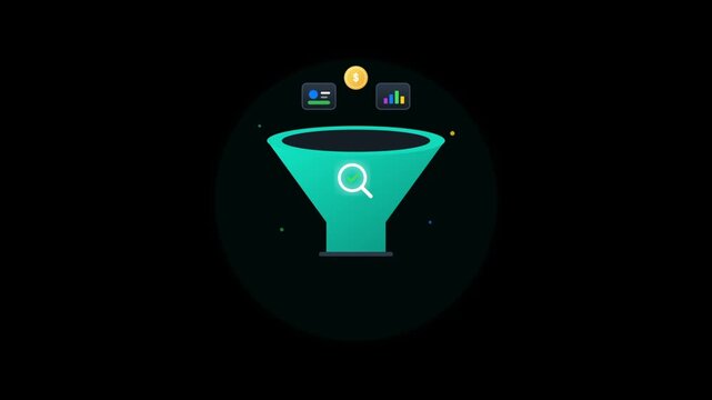 Animation of data funnel processing information into coins