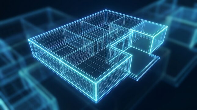 Architectural wireframe blueprint of modern house interior design project for construction and real estate development visualization with glowing blue neon light on dark background.