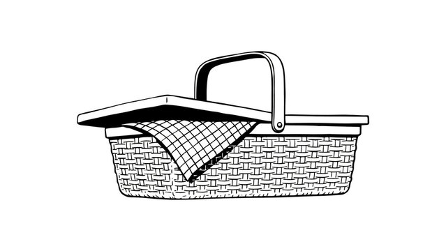 Illustration of a woven picnic basket with handle and lid for outdoor use and carrying items