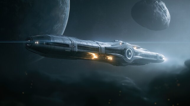 Large detailed futuristic sci-fi spaceship travels through deep outer space passing by large asteroid and distant planet exploring distant cosmic regions on long interstellar mission
