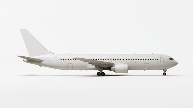 Blank pure white commercial passenger airplane jet on plain light background showing side profile with landing gear down for aviation travel design concept