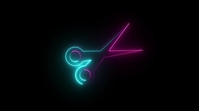 Neon glowing scissor icon collaring animation on black background.