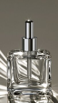 Empty premium clear square glass dropper bottle with shiny silver cap for cosmetic serum and essential oil on neutral gray background for luxury beauty product presentation