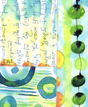 Abstract watercolor painting displays enigmatic asemic writing