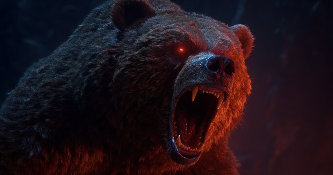 Close up of a snarling brown bear with glowing red eyes intense expression