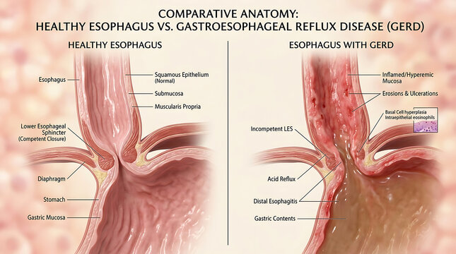 Healthy Stomach Versus GERD Reflux Esophagitis and Barrett's Esophagus