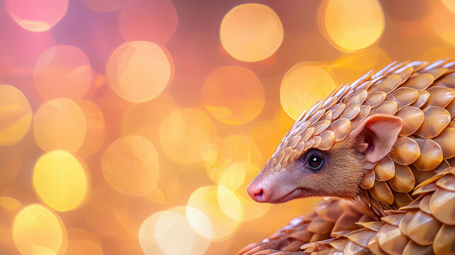 Close up of pangolin with shimmering background of soft, colorful bokeh lights creates whimsical and enchanting atmosphere
