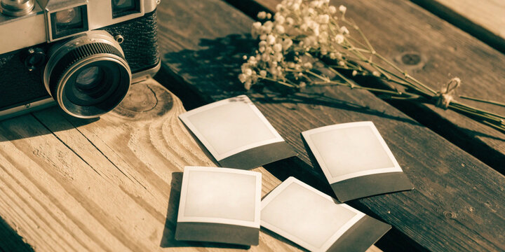 Vintage camera and blank instant photos on rustic wooden table, photography mockup