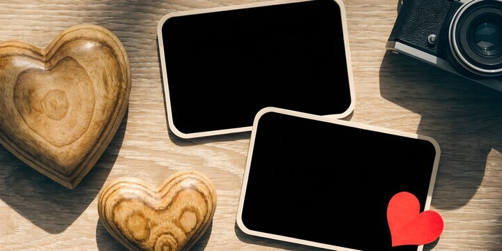 Blank black photo frames with heart decorations and camera on wooden table