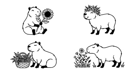 Obraz premium Friendly capybara with sunflower vector set flat black cute rodent floral silhouette collection 