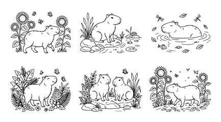Fototapeta premium Minimalist capybara line art vector bundle whimsical animal and sunflower outline drawing set 