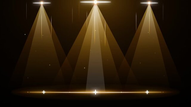 Golden Spotlights Award Stage Loop Animation with Falling Light Streaks and Sparkling Particles on Black Background
