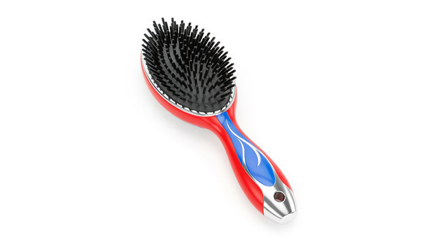 Colorful hair brush with decorative handle and black bristles on transparent background