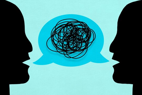 A tangled speech bubble between silhouettes illustrates confusion