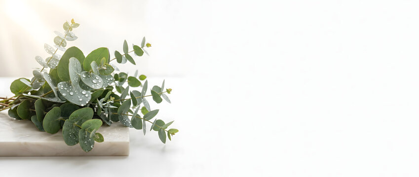 Fresh Eucalyptus Leaves on White Marble Background with Copy Space
