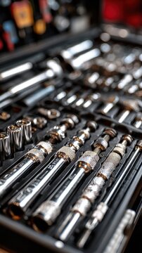 Organized metallic tool set with various socket wrench extensions and ratchets arranged neatly inside a black carrying case on a workbench background