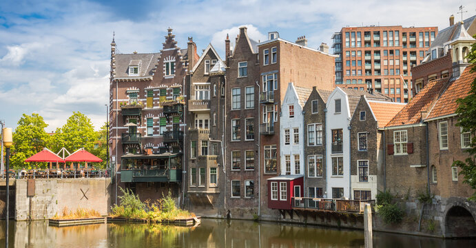 Panorama of historic warehouses at the canal in Delfshaven, Rotterdam, Netherlands
