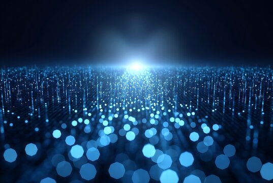 Blue digital particles flow across a dark surface with bright light emanating from horizon creating abstract technology and data transfer visuals.