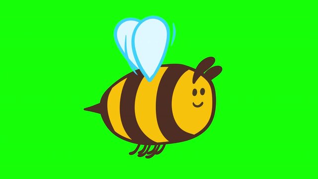 Cute cartoon bee flying on green screen background 2D animation loop. Motion character in naive child style.