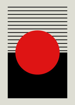 Red geometric circle and horizontal lines in bauhaus abstract illustration