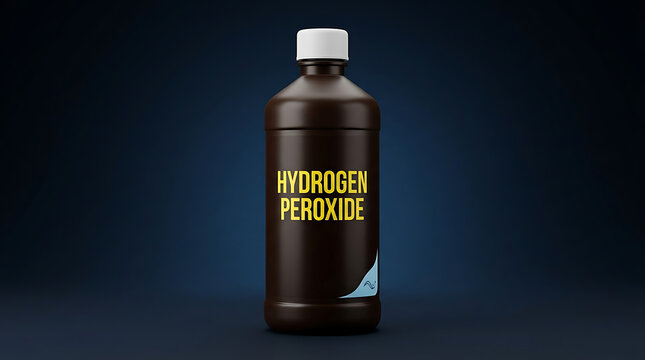 Brown plastic bottle of hydrogen peroxide isolated on a dark blue background studio shot