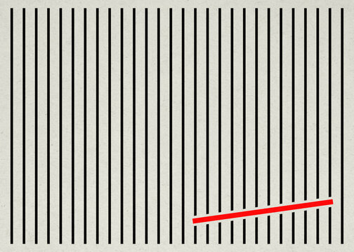 Red diagonal line contrasting with black vertical lines in geometric pattern
