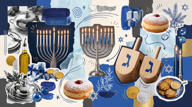 Hanukkah collage with menorah, dreidels, sufganiyot and gelt in blue mixed-media editorial style
