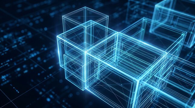 Abstract geometric wireframe cubes in neon blue light creating futuristic architectural blueprint for 3d modeling and digital design concepts.