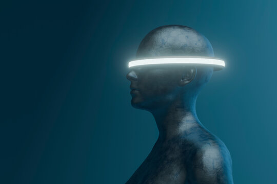Metallic humanoid wears a glowing visor in dark blue space
