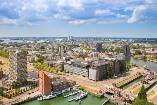 Aerial view over the Parkhaven harbor in Rotterdam, Netherlands
