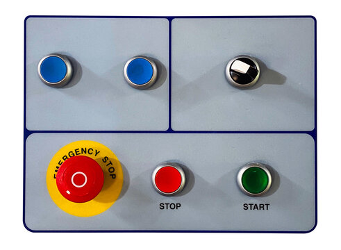 Industrial electrical switchboard with emergency stop and rotary switches isolated on transparent background. Front view conveying machinery control, representing automation and graphic elements.