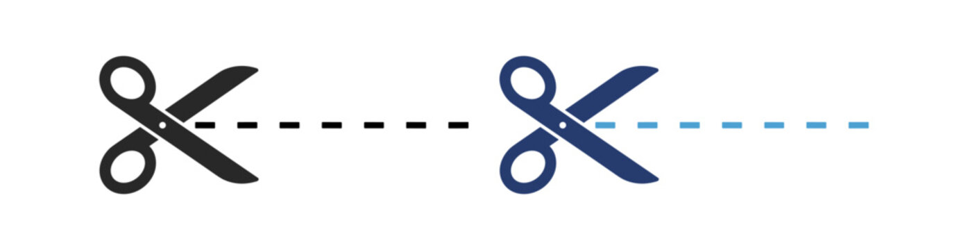 Scissors cut icon set with dashed cutting lines in editable outline vector style