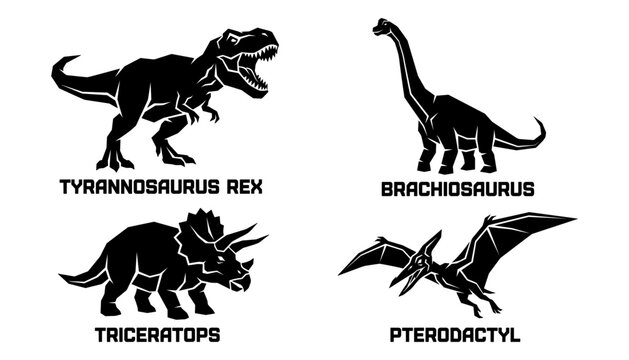 Silhouettes of Prehistoric Giants: A striking collection of black silhouettes showcasing iconic dinosaurs &ndash; Tyrannosaurus Rex, Brachiosaurus, Triceratops.