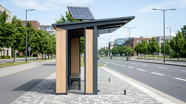 Modern Sustainable Solar Powered Bus Stop Shelter in a Clean Urban City Street Environment