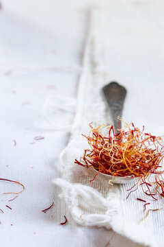 Saffron on spoon, close up