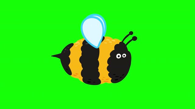 Textured cartoon bee flying loop animation on green screen background 2D graphic. Motion character in naive child style.