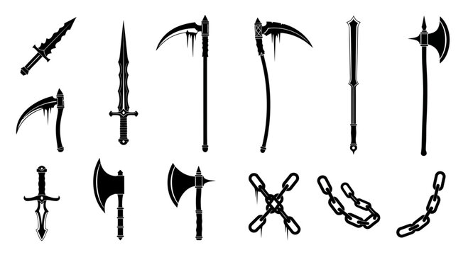Medieval fantasy weapon silhouettes, 13 black vector icons of swords, axes and scythes, gothic battle equipment for game design