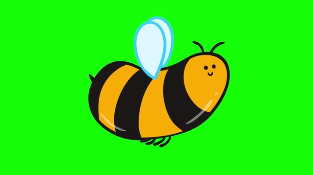 Cute cartoon bee flying loop 2D animation on chroma key green screen background. Motion character in naive child style.